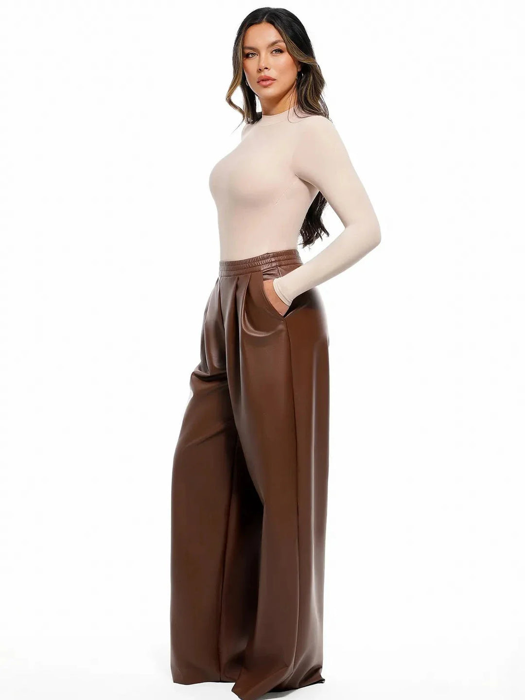 Faux-Leder-hohe Taille Weite Bein Hose