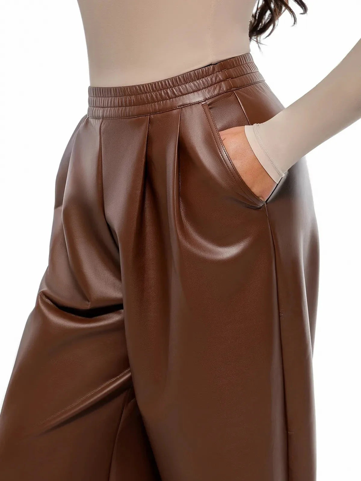 Faux-Leder-hohe Taille Weite Bein Hose