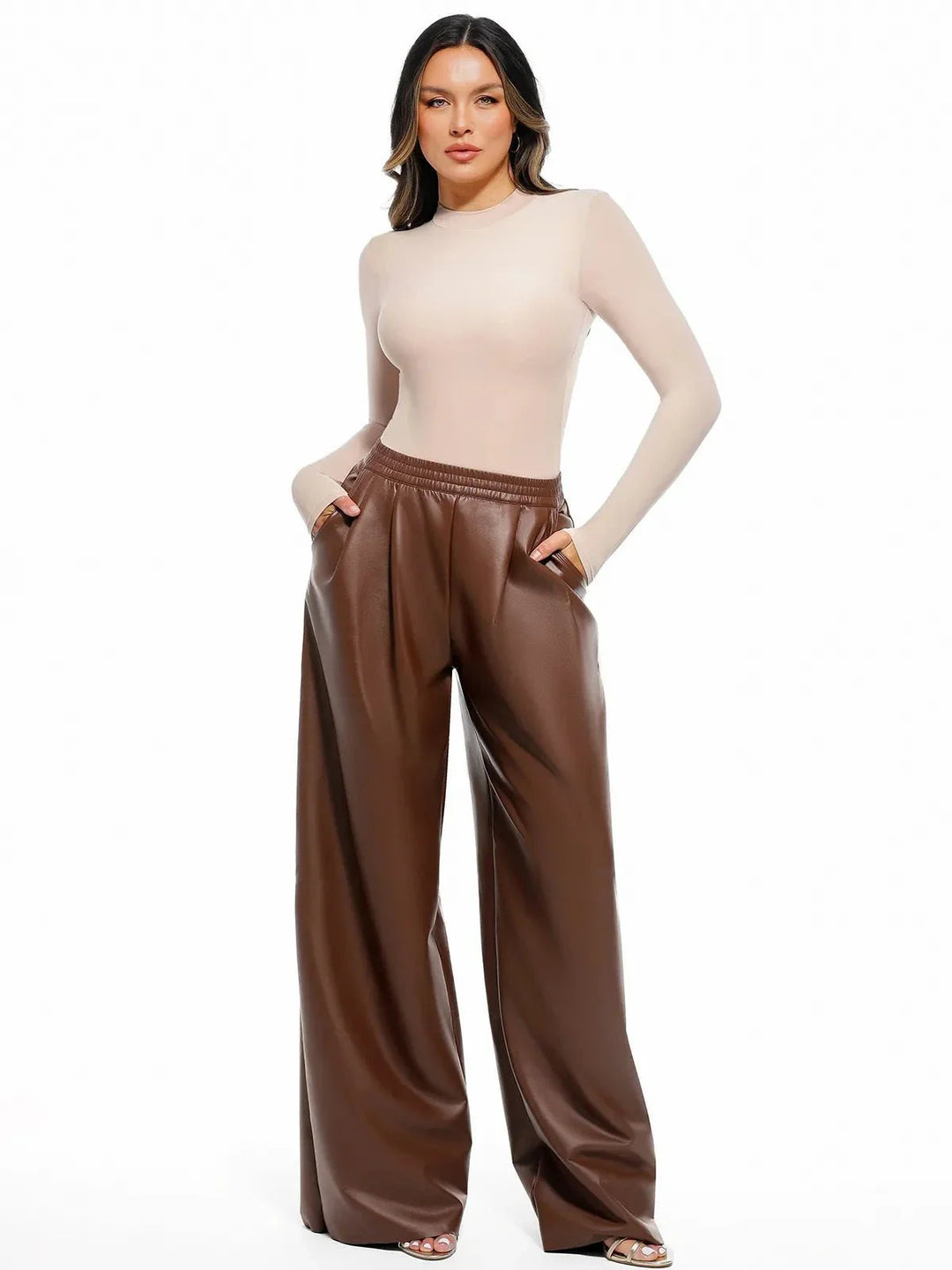 Faux-Leder-hohe Taille Weite Bein Hose