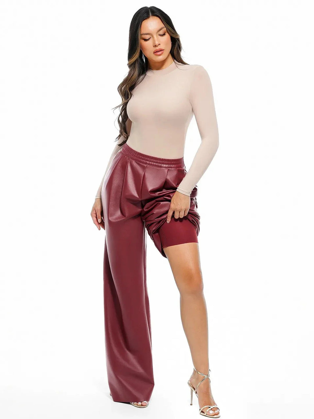Faux-Leder-hohe Taille Weite Bein Hose