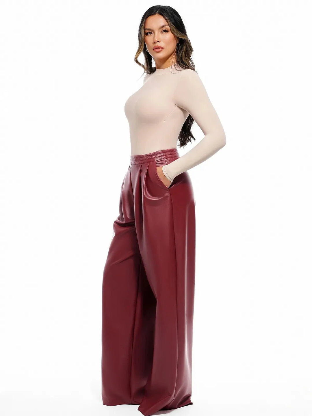 Faux-Leder-hohe Taille Weite Bein Hose