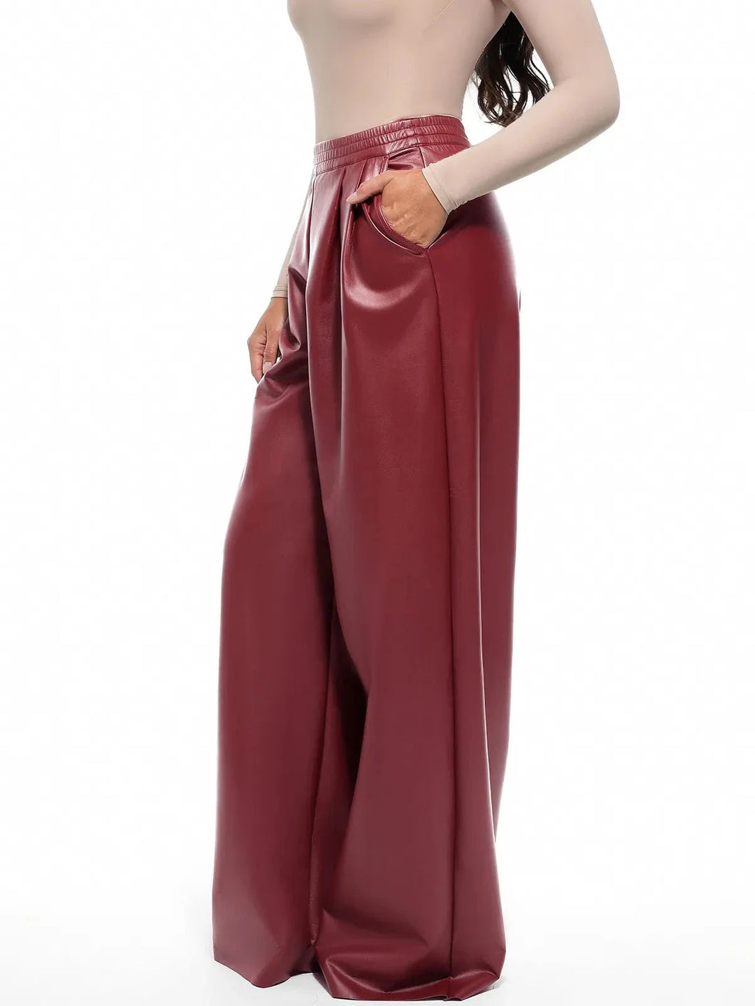 Faux-Leder-hohe Taille Weite Bein Hose