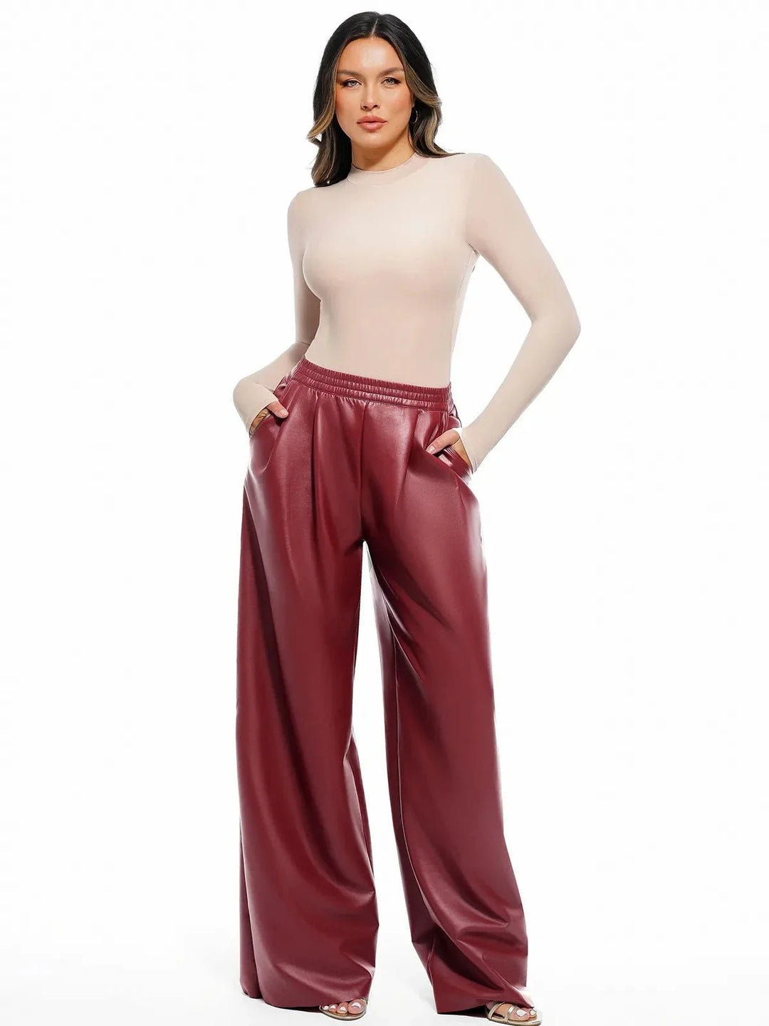 Faux-Leder-hohe Taille Weite Bein Hose