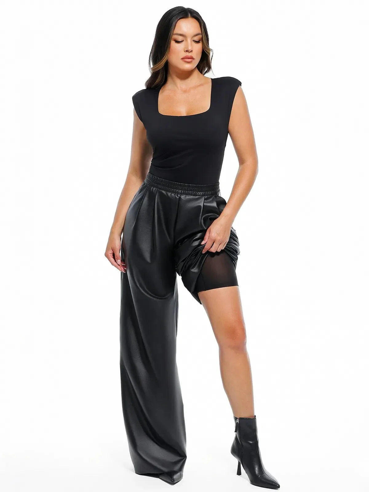 Faux-Leder-hohe Taille Weite Bein Hose