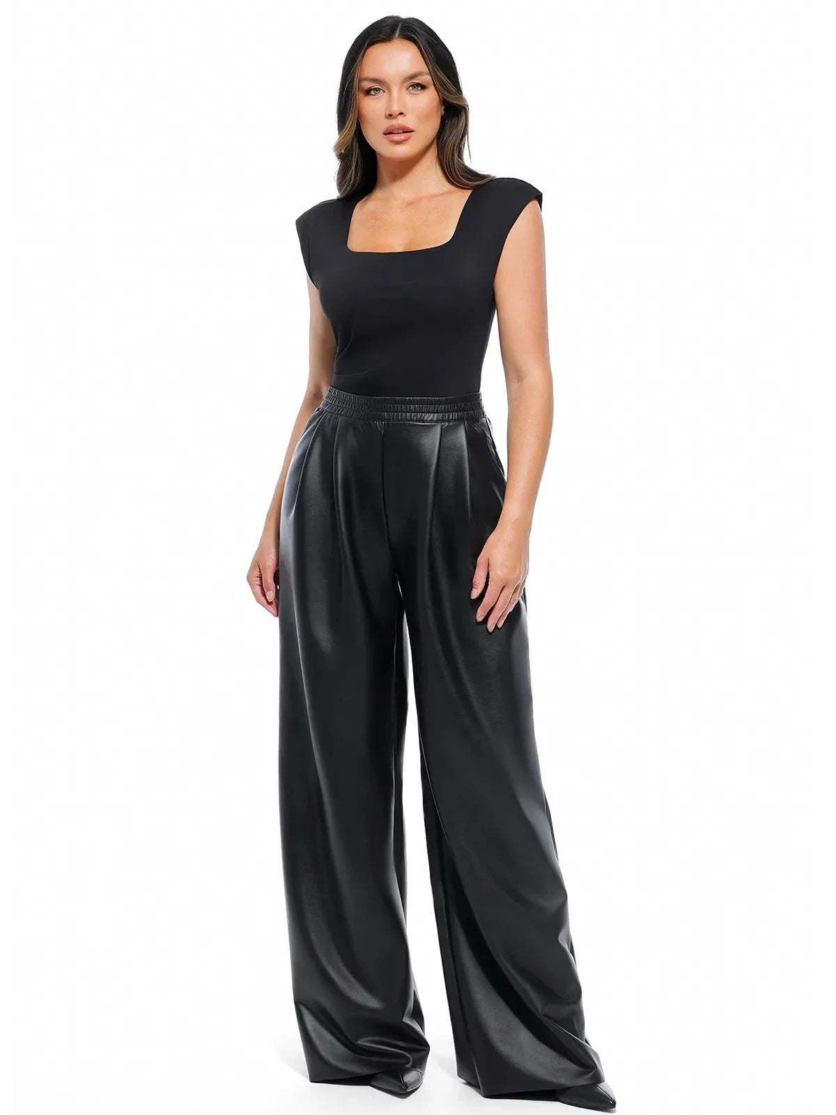 Faux-Leder-hohe Taille Weite Bein Hose