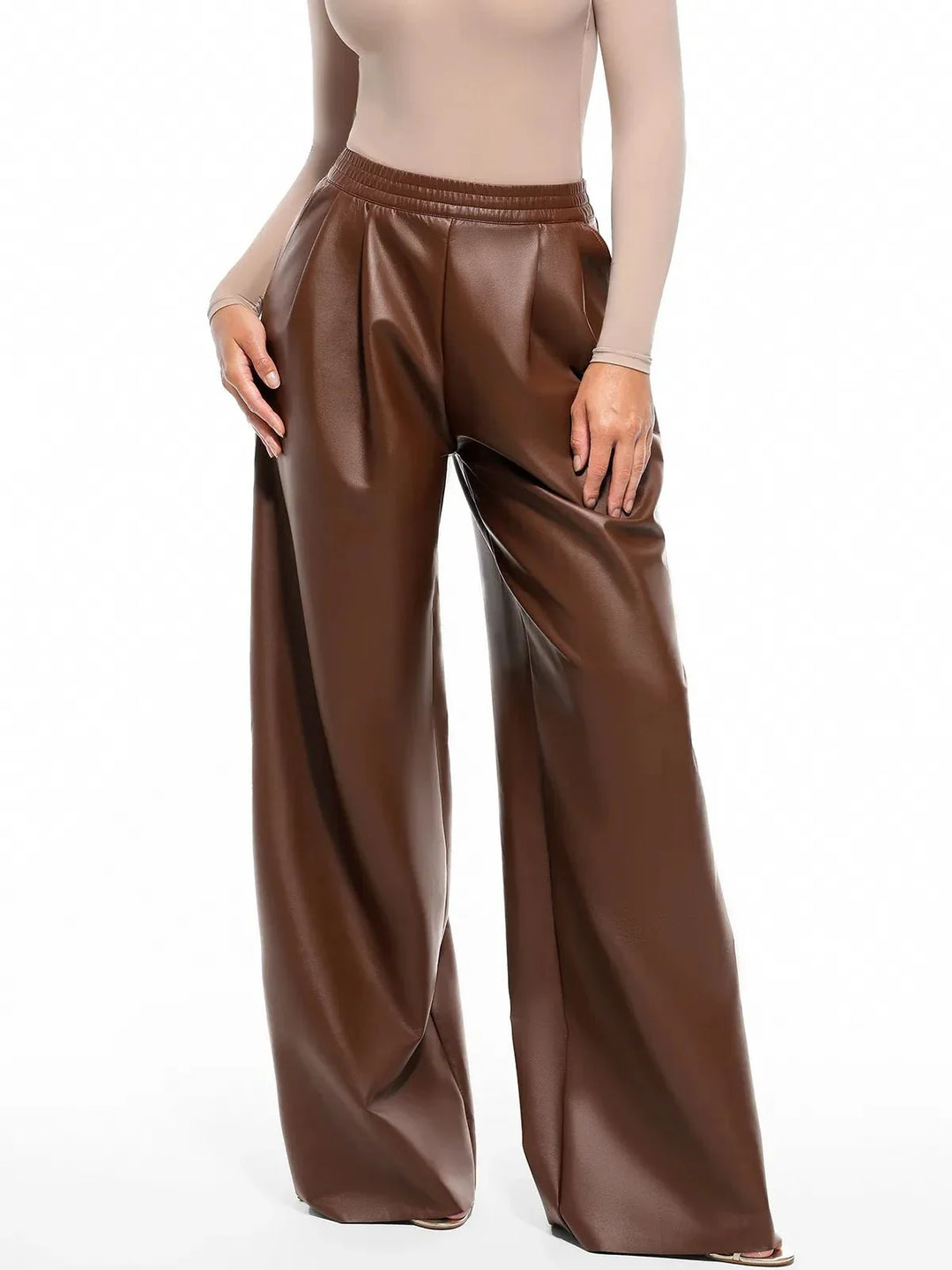 Faux-Leder-hohe Taille Weite Bein Hose