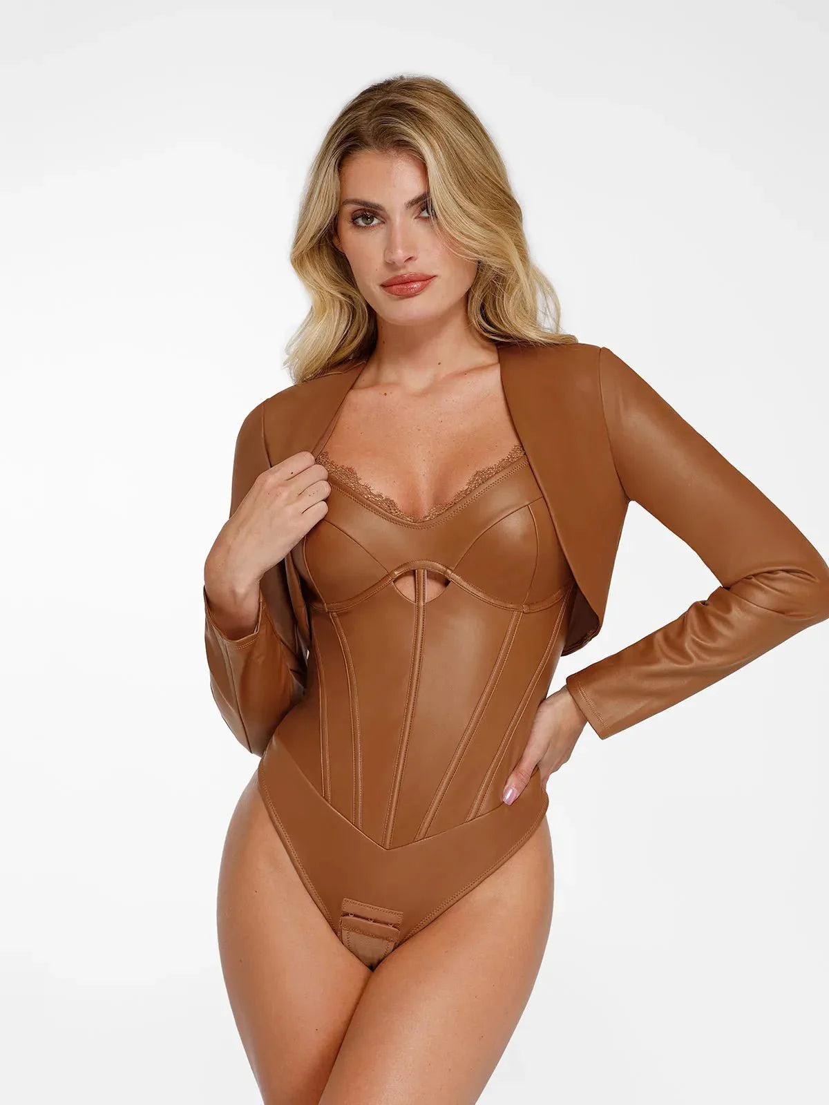 Lange Ärmel Kunstleder Bolero Jacke