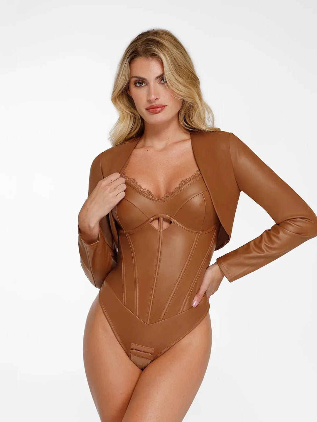 Lange Ärmel Kunstleder Bolero Jacke