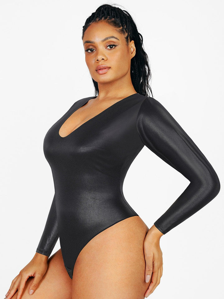 Shapewear Langärmeliges Body mit V-Ausschnitt aus Kunstleder formend