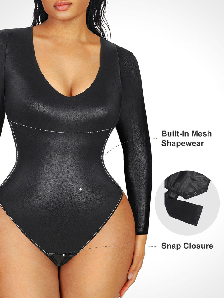 Shapewear Langärmeliges Body mit V-Ausschnitt aus Kunstleder formend