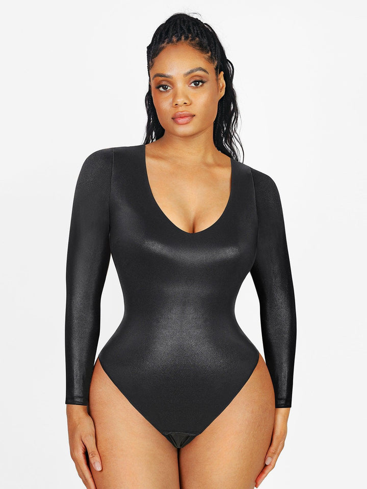 Shapewear Langärmeliges Body mit V-Ausschnitt aus Kunstleder formend
