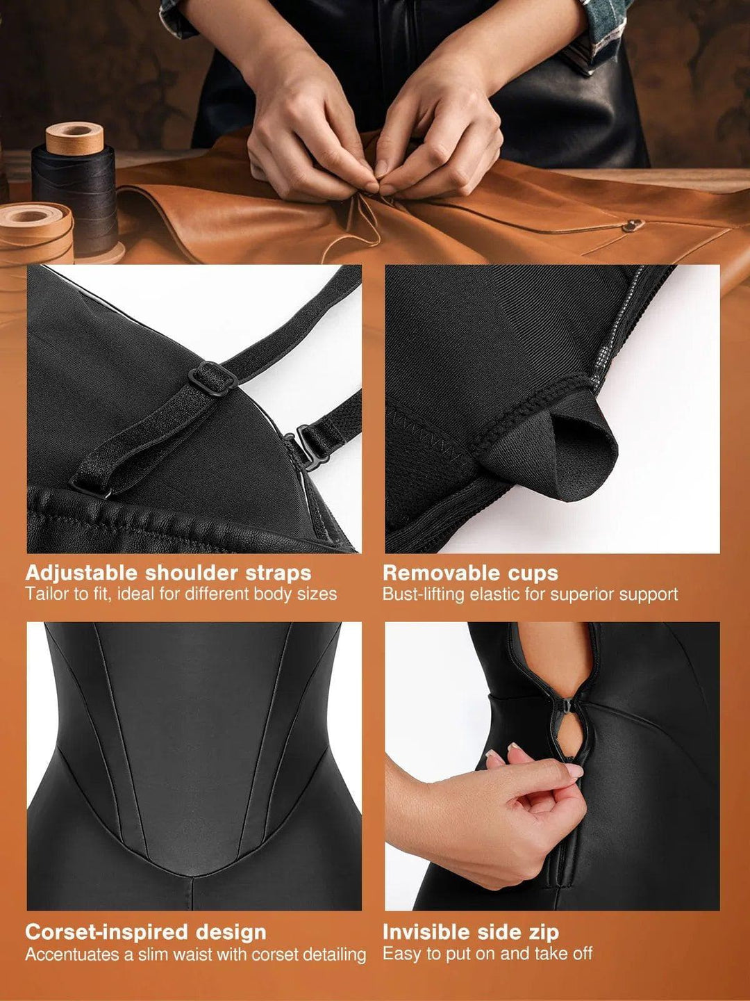 Formendes, pseudo-ledernes Korsett-Overall-Set
