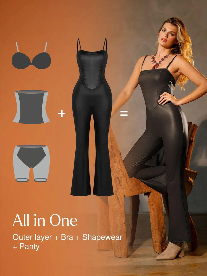 Formendes, pseudo-ledernes Korsett-Overall-Set