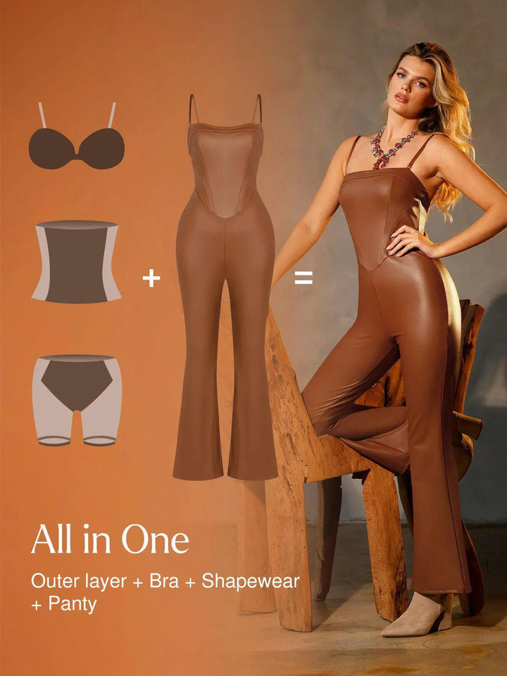 Formendes, pseudo-ledernes Korsett-Overall-Set