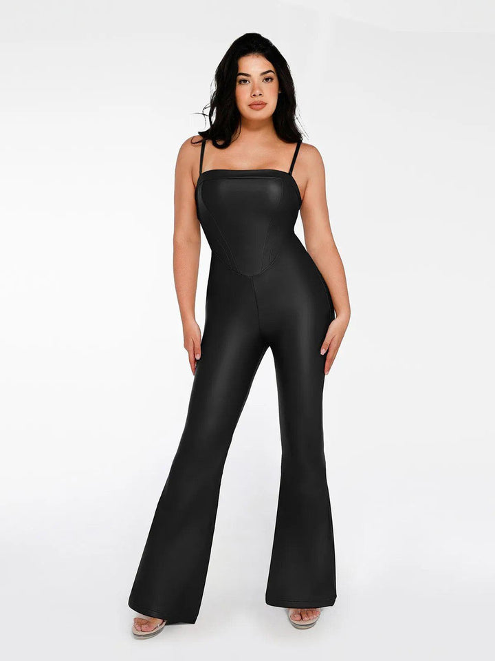 Formendes, pseudo-ledernes Korsett-Overall-Set