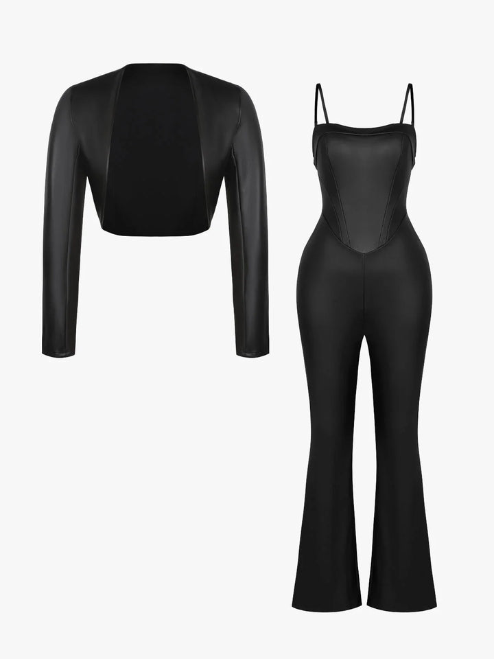 Formendes, pseudo-ledernes Korsett-Overall-Set
