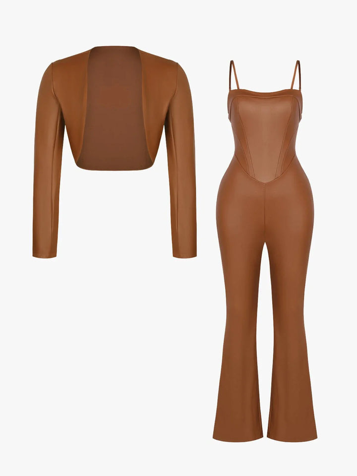 Formendes, pseudo-ledernes Korsett-Overall-Set