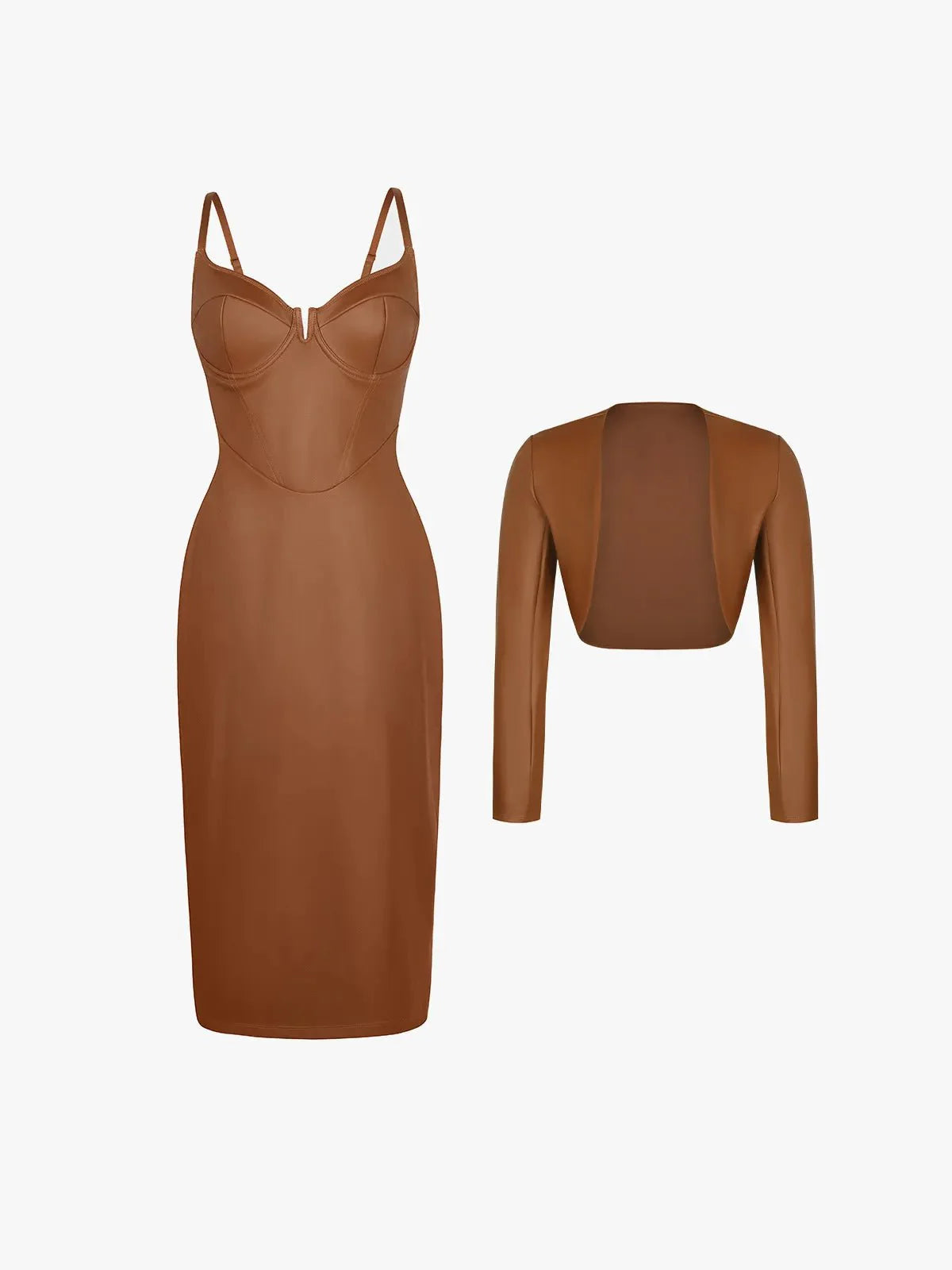 Shapewear Kunstleder Korsett Midi Kleid Bolero Jacke Set