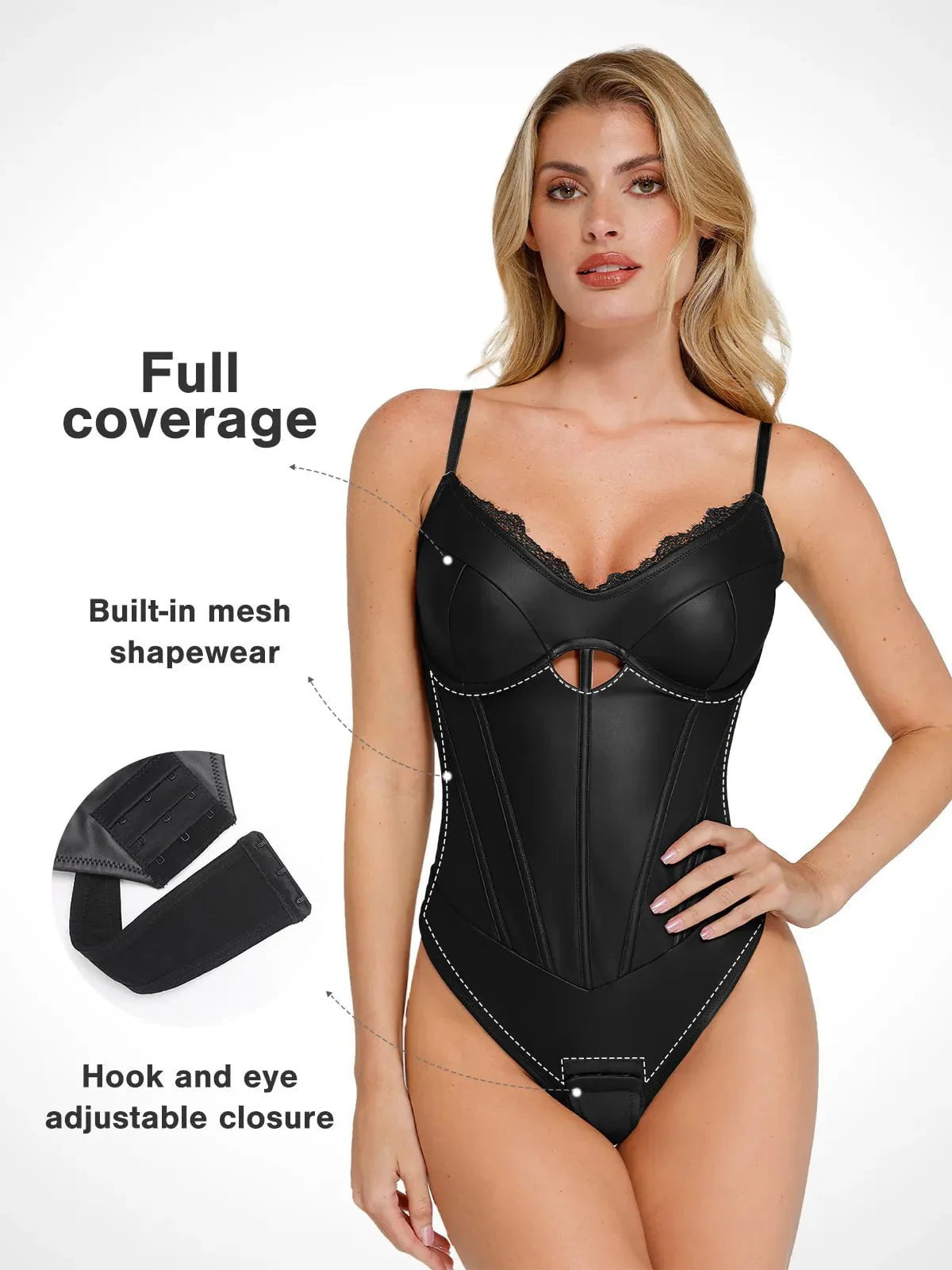 Shapewear Kunstleder Mieder Bodysuit mit Sanduhrausschnitt und Cutouts