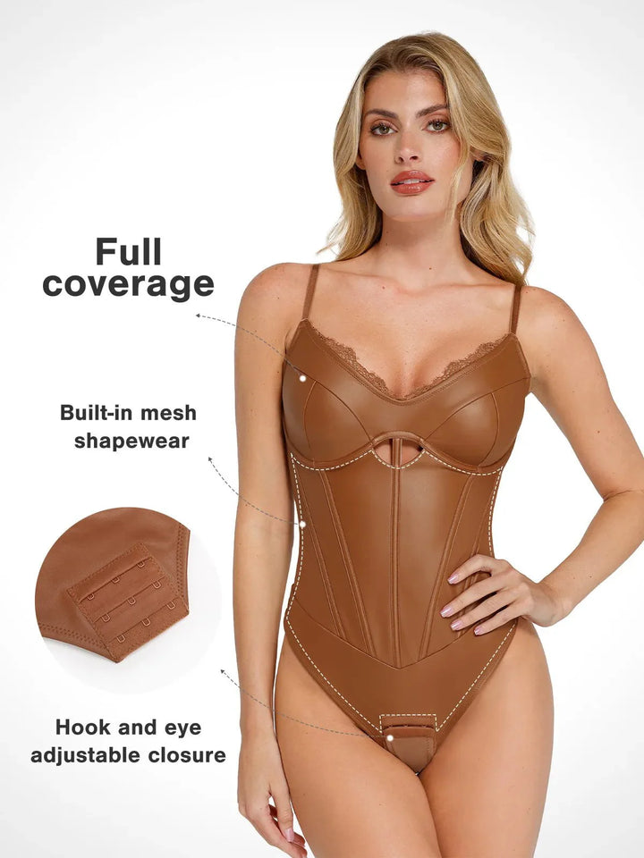 Shapewear Kunstleder Mieder Bodysuit mit Sanduhrausschnitt und Cutouts