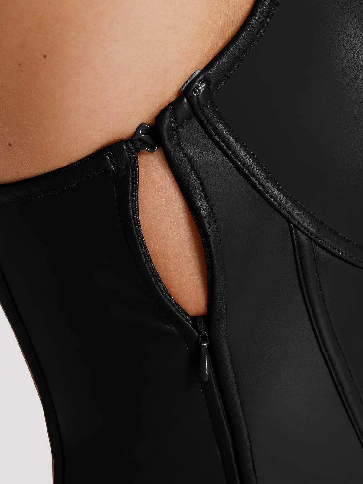 Shapewear Kunstleder Stundenglass-Ausschnitt Korsett Body mit Po- lifting und Rock-Set