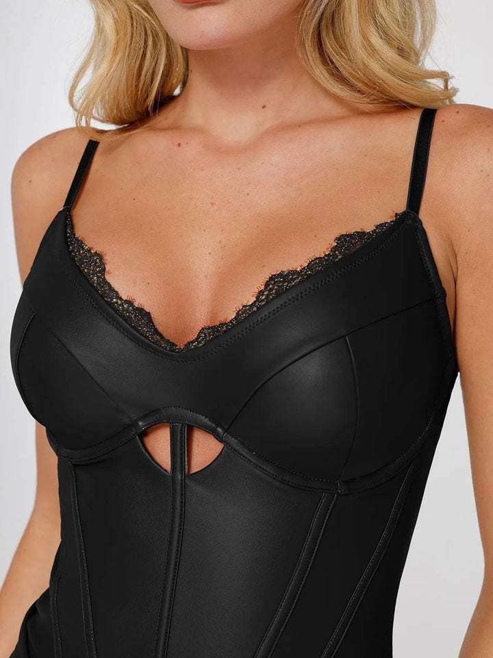 Shapewear Kunstleder Stundenglass-Ausschnitt Korsett Body mit Po- lifting und Rock-Set