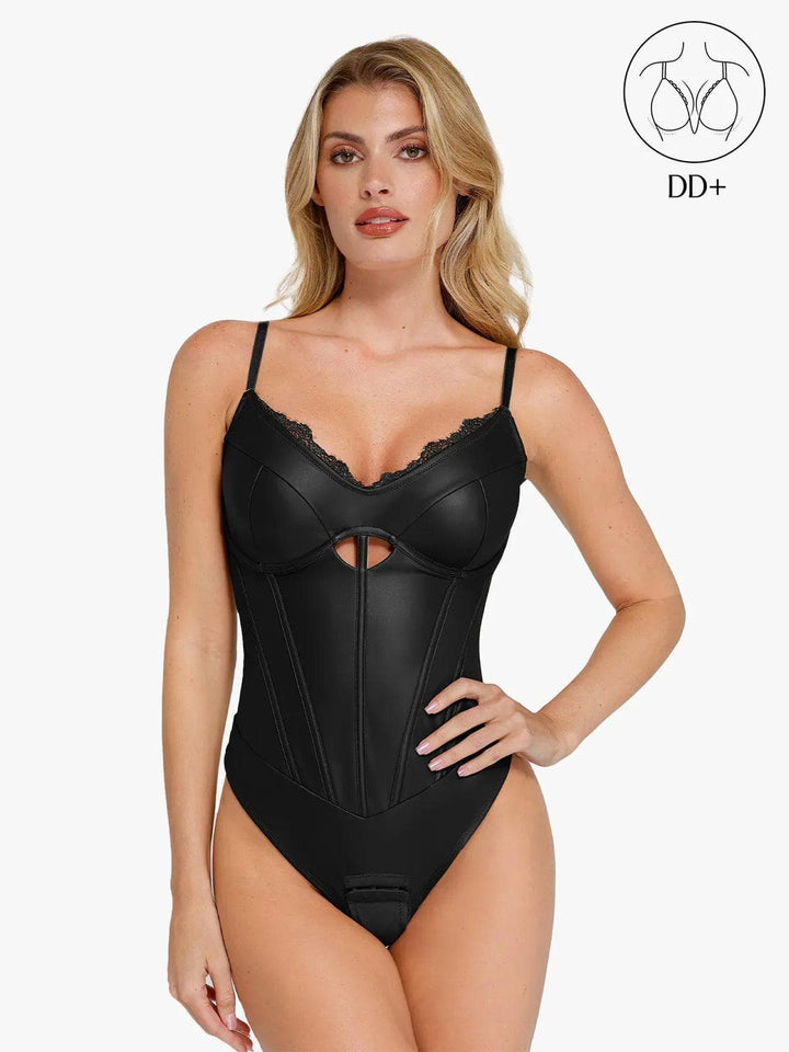 Shapewear Kunstleder Stundenglass-Ausschnitt Korsett Body mit Po- lifting und Rock-Set