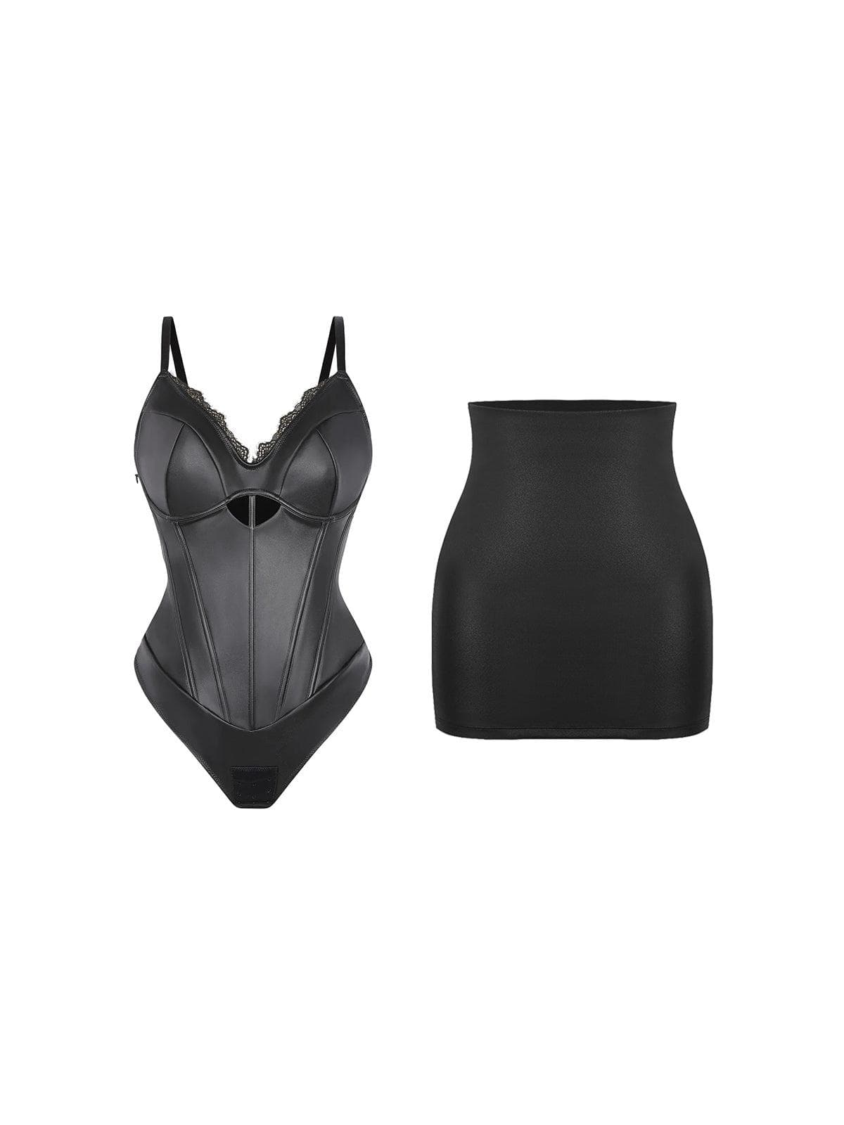 Shapewear Kunstleder Stundenglass-Ausschnitt Korsett Body mit Po- lifting und Rock-Set
