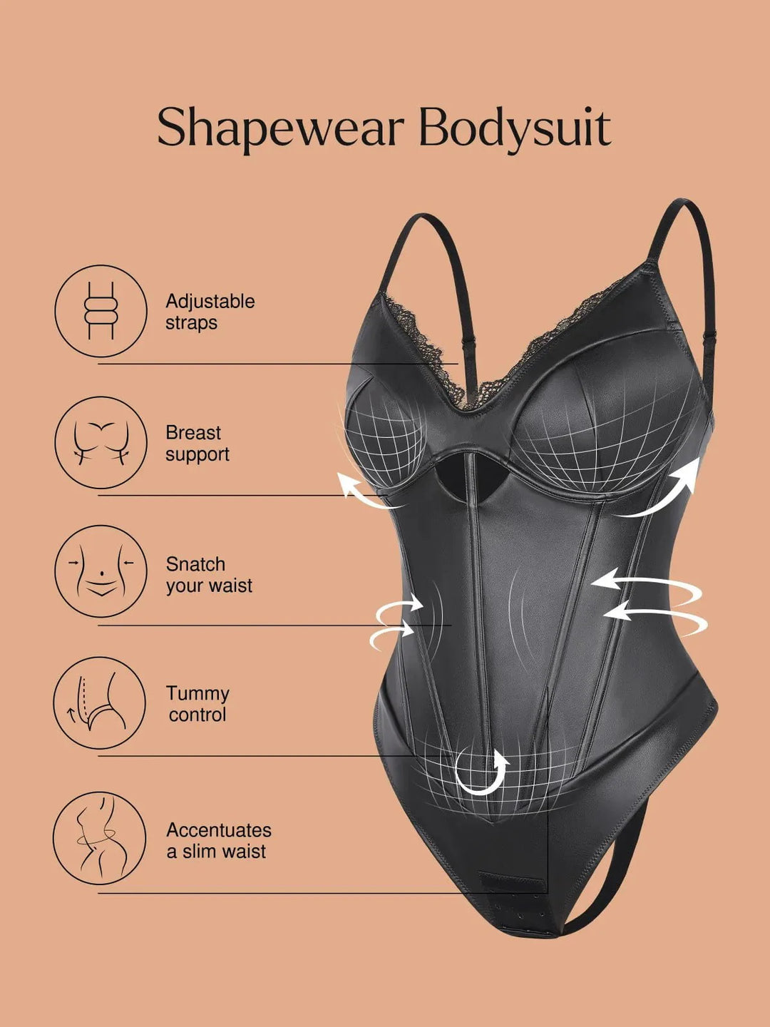 Shapewear Kunstleder Mieder Bodysuit mit Sanduhrausschnitt und Cutouts