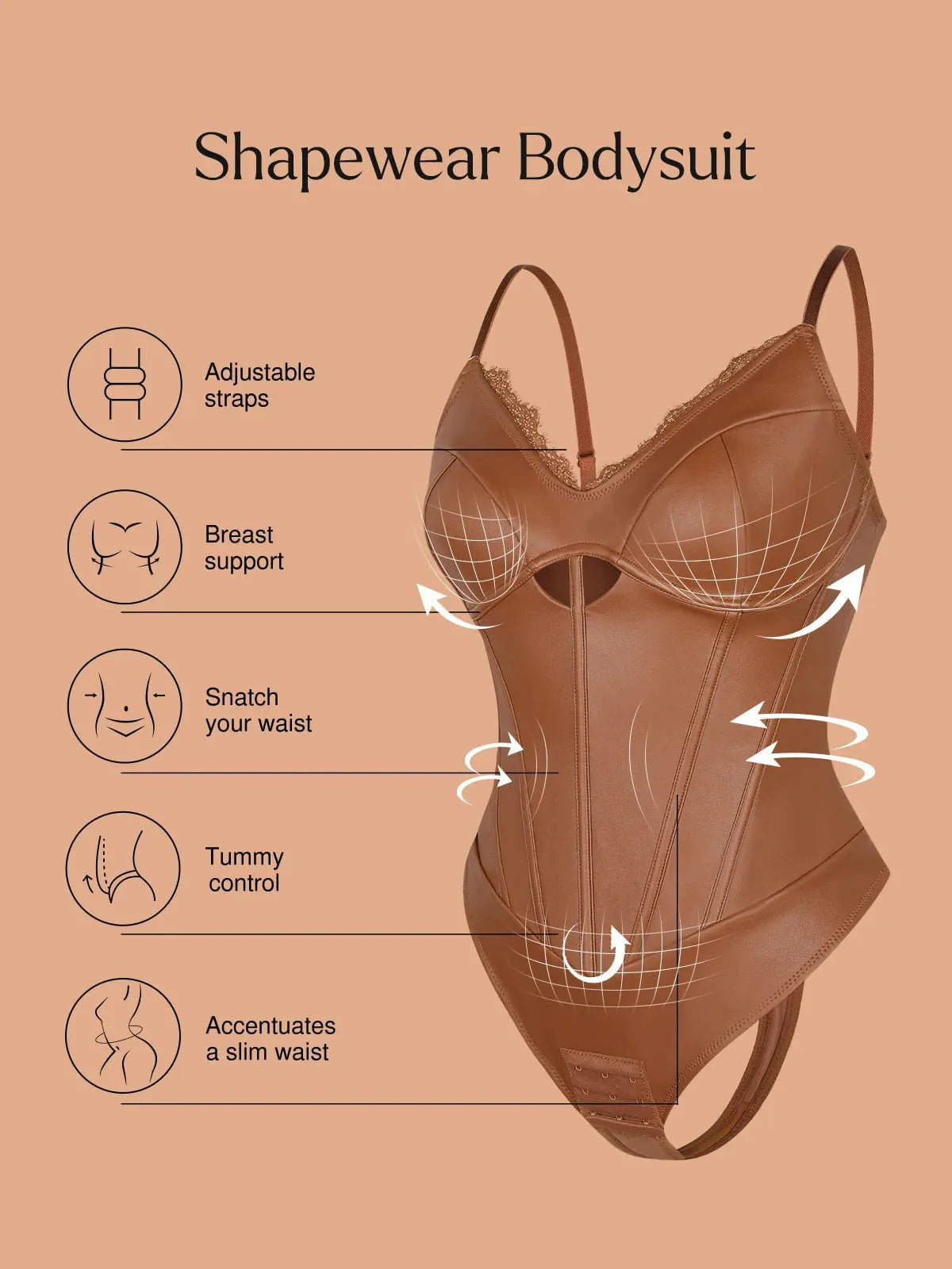 Shapewear Kunstleder Mieder Bodysuit mit Sanduhrausschnitt und Cutouts