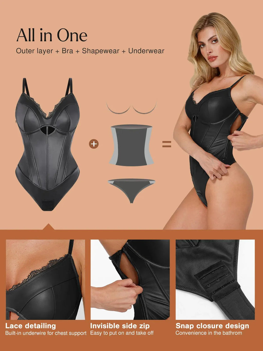 Shapewear Kunstleder Mieder Bodysuit mit Sanduhrausschnitt und Cutouts