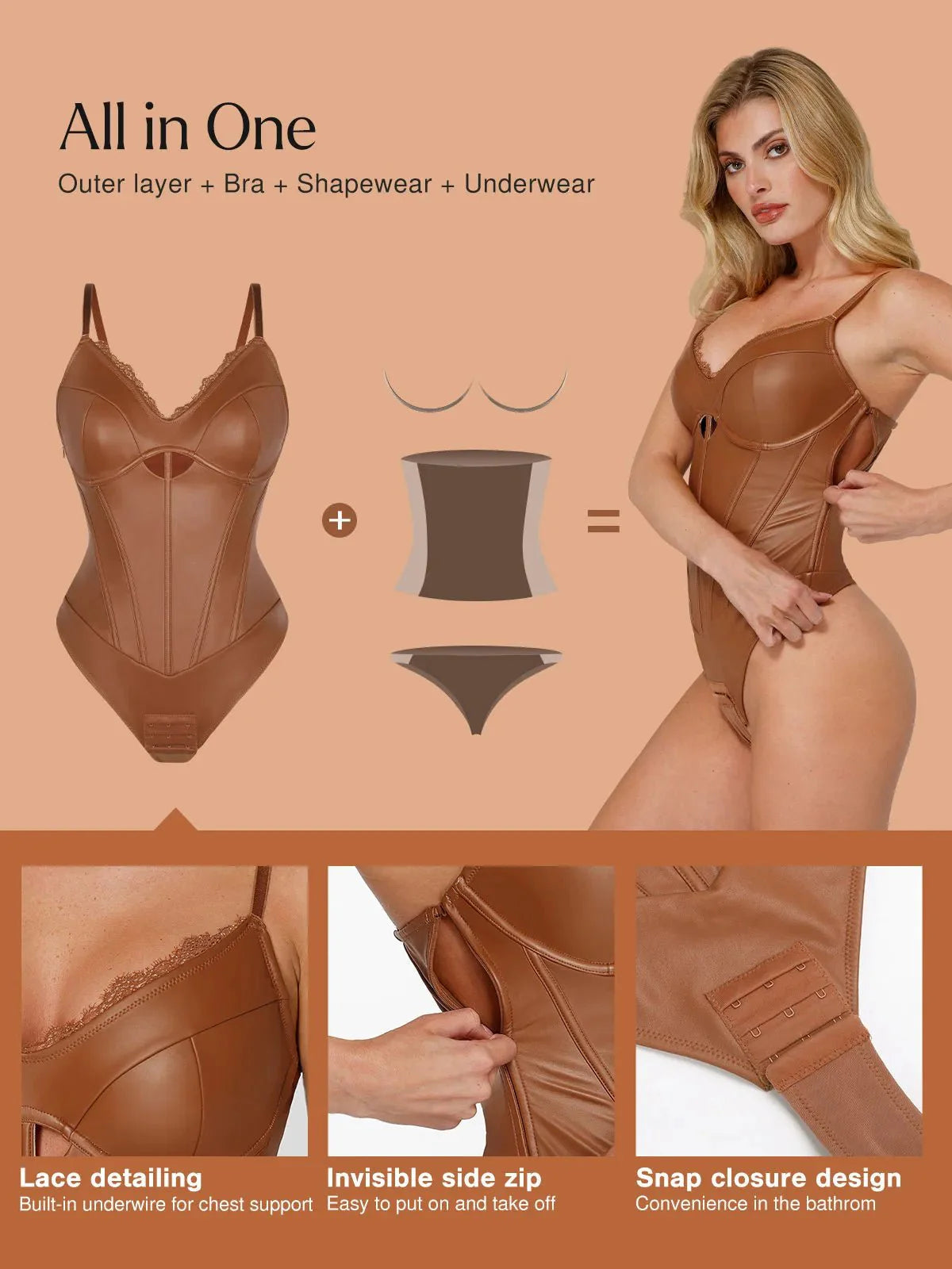 Shapewear Kunstleder Mieder Bodysuit mit Sanduhrausschnitt und Cutouts