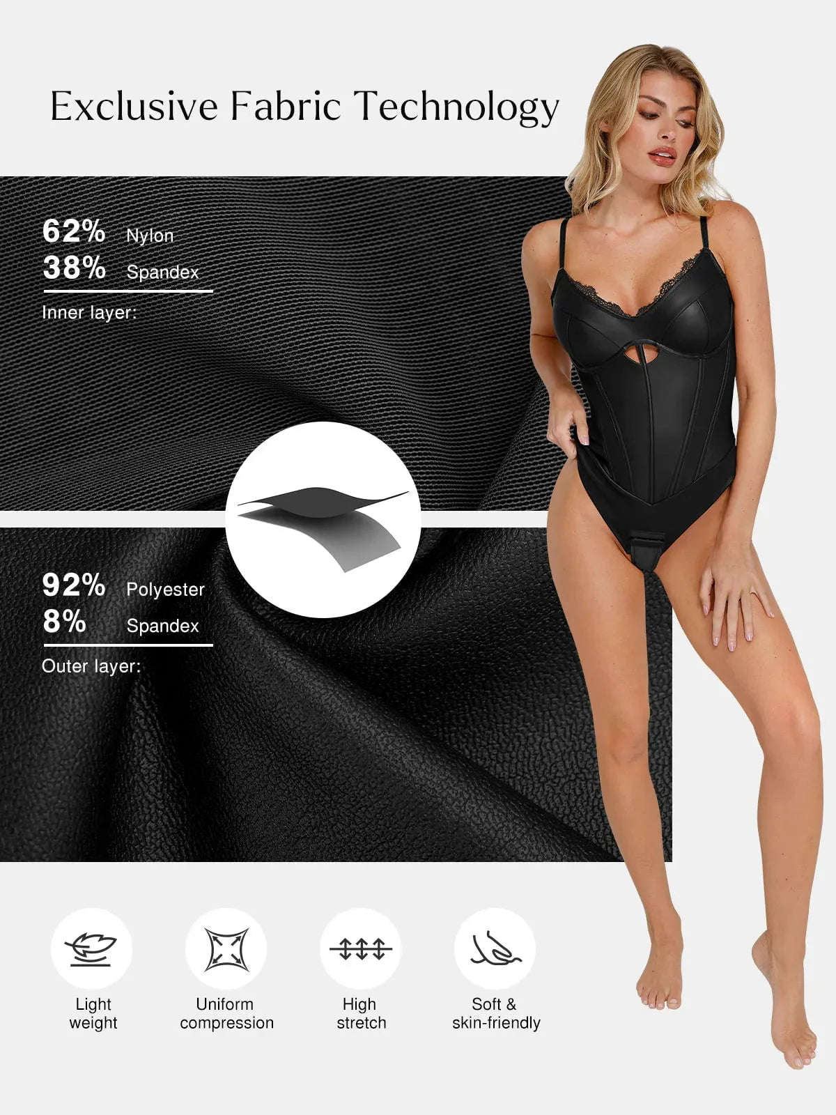 Shapewear Kunstleder Mieder Bodysuit mit Sanduhrausschnitt und Cutouts