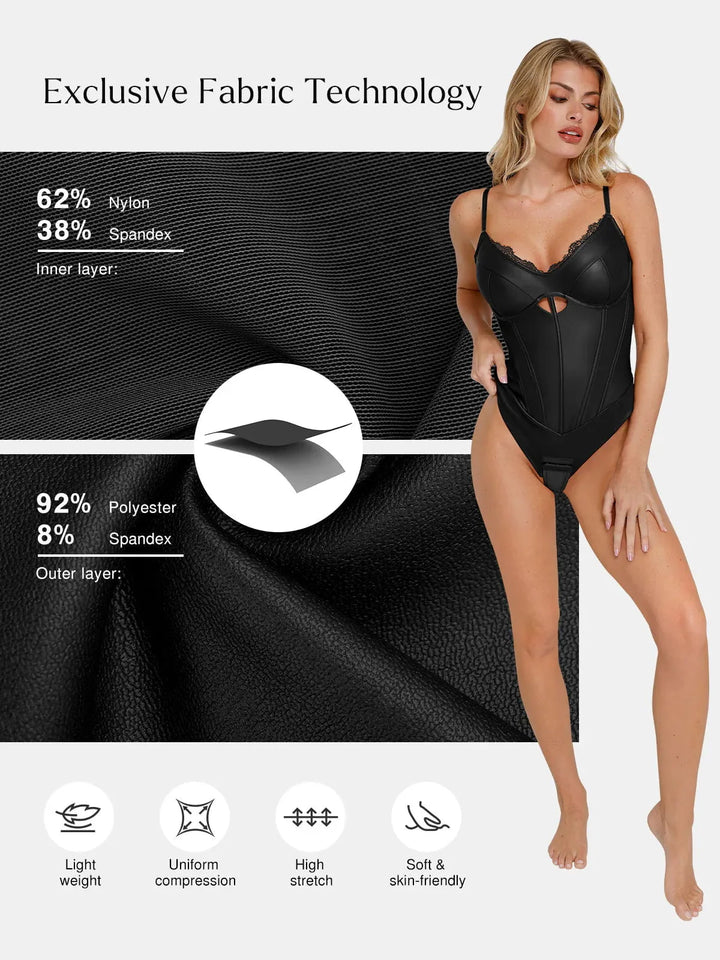 Shapewear Kunstleder Mieder Bodysuit mit Sanduhrausschnitt und Cutouts