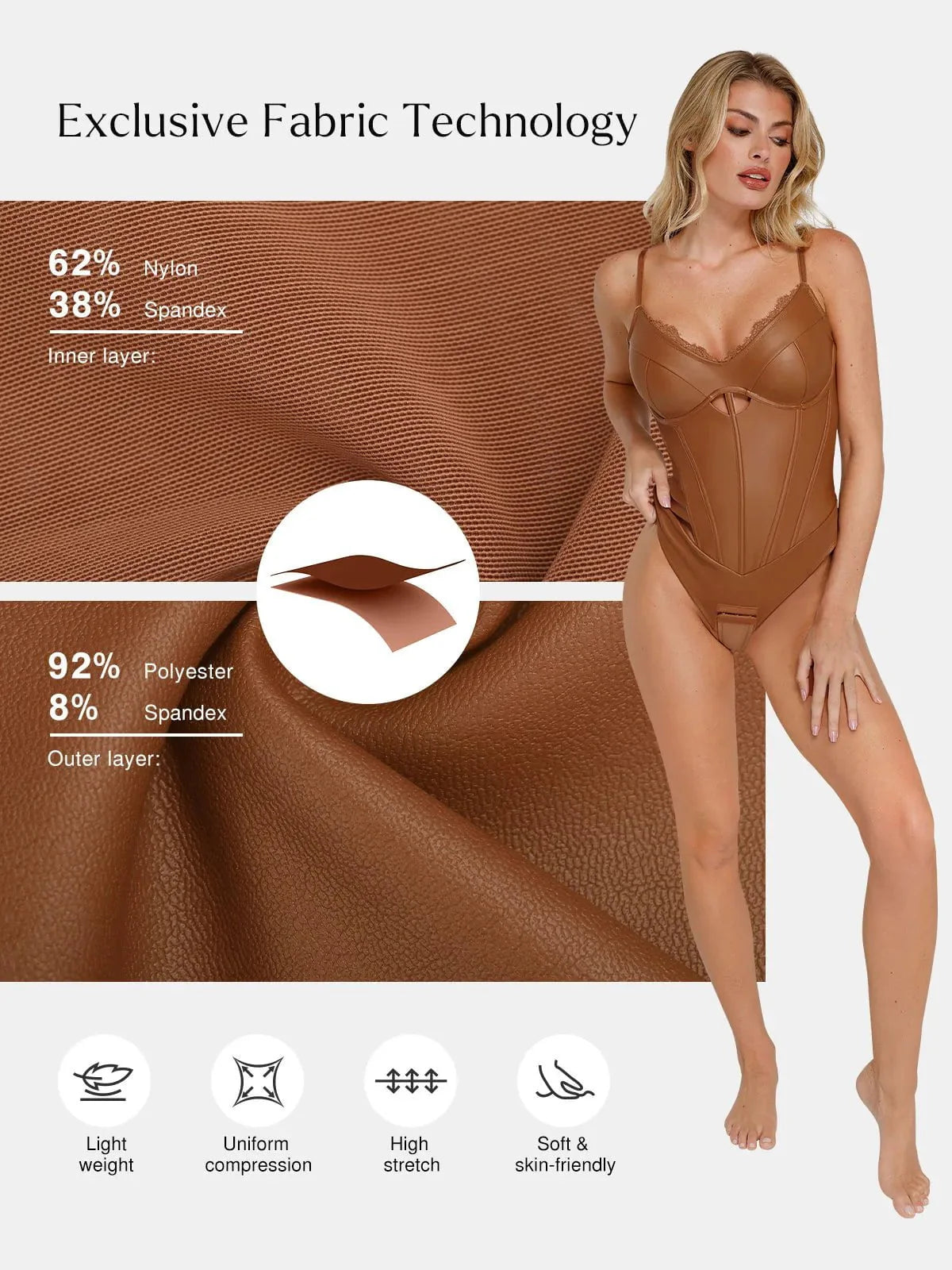 Shapewear Kunstleder Mieder Bodysuit mit Sanduhrausschnitt und Cutouts