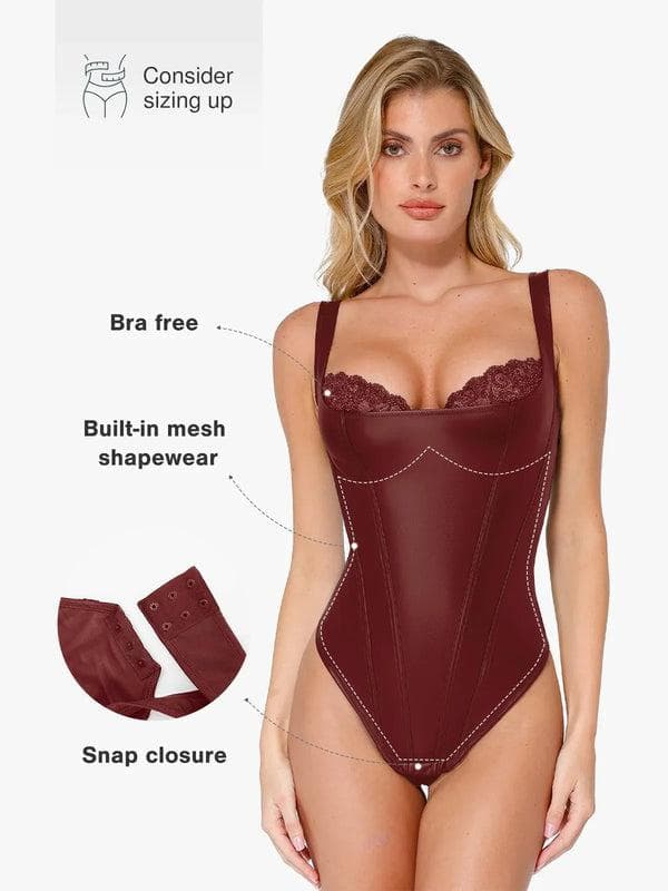 Formende Bodysuit aus Kunstleder mit Spitze im Balconette-Stil