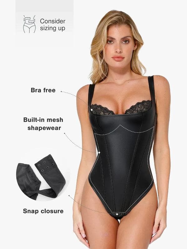 Formende Bodysuit aus Kunstleder mit Spitze im Balconette-Stil