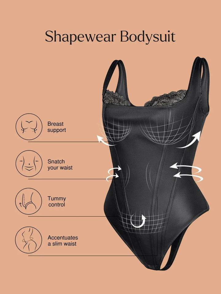 Formende Bodysuit aus Kunstleder mit Spitze im Balconette-Stil