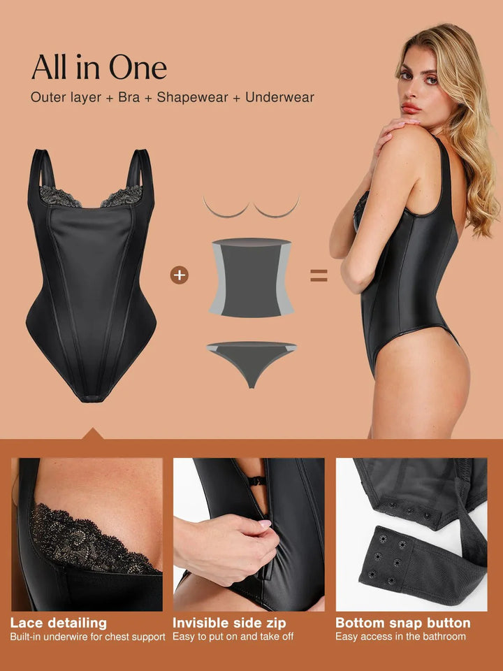 Formende Bodysuit aus Kunstleder mit Spitze im Balconette-Stil