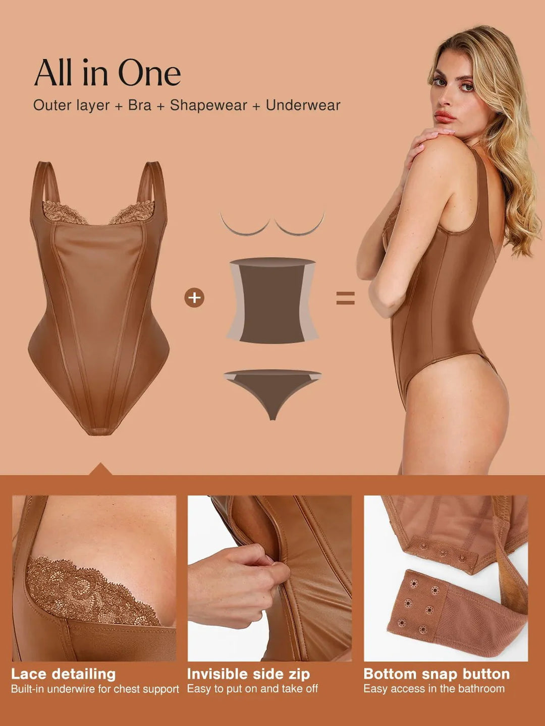 Formende Bodysuit aus Kunstleder mit Spitze im Balconette-Stil