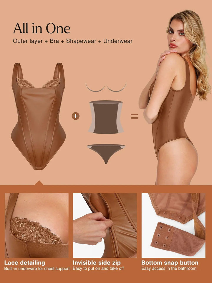 Formende Bodysuit aus Kunstleder mit Spitze im Balconette-Stil