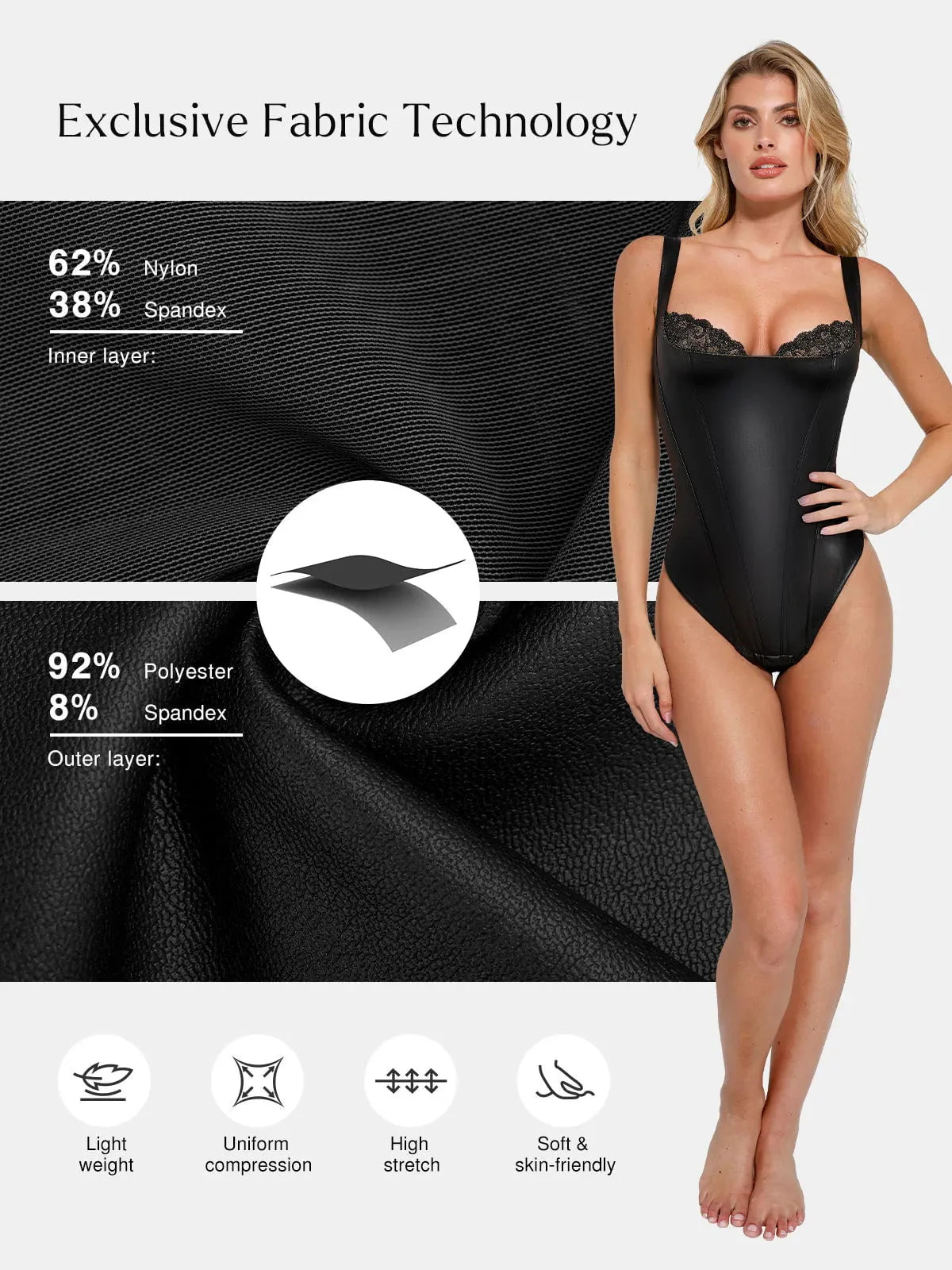 Formende Bodysuit aus Kunstleder mit Spitze im Balconette-Stil