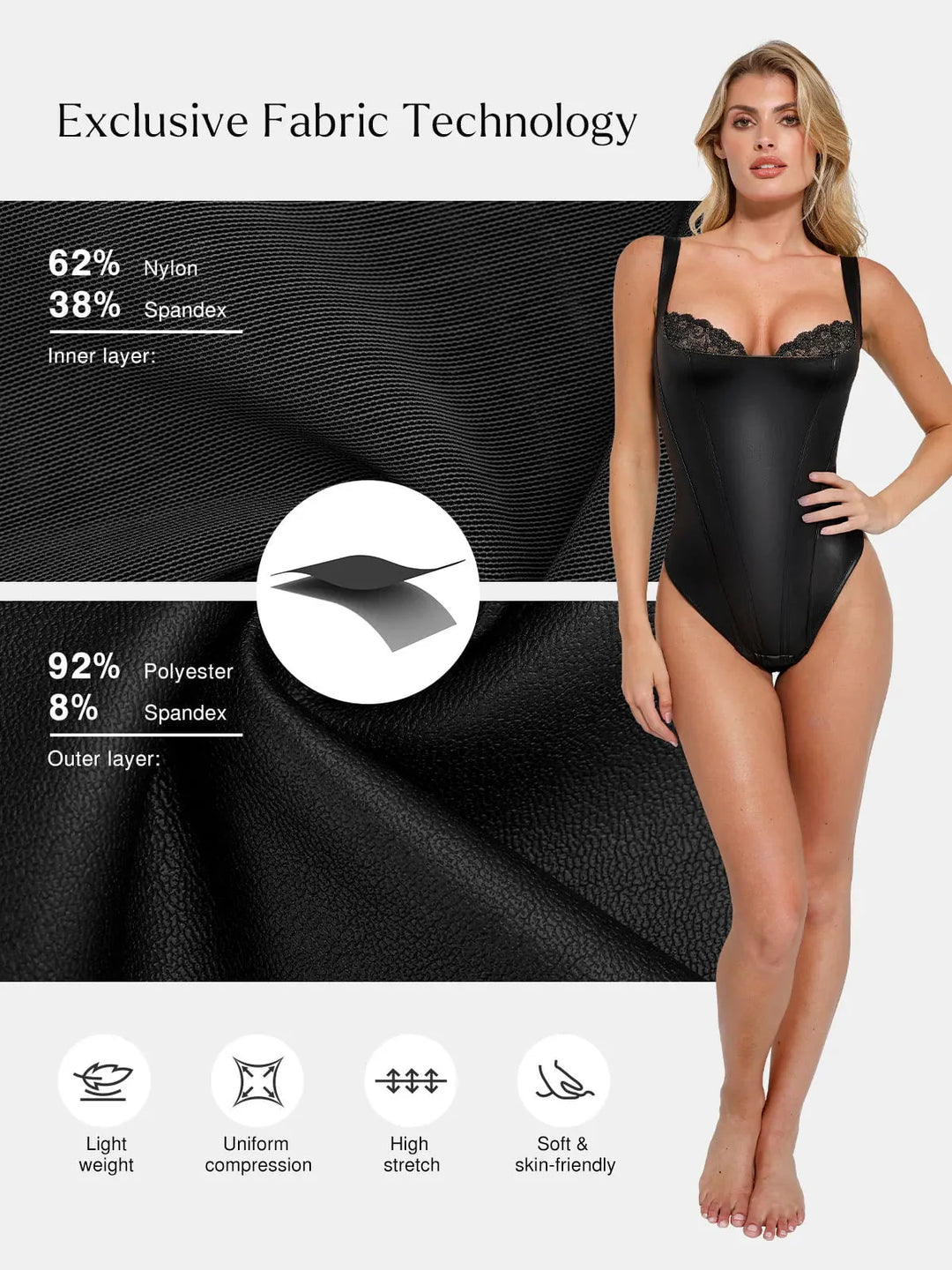 Formende Bodysuit aus Kunstleder mit Spitze im Balconette-Stil