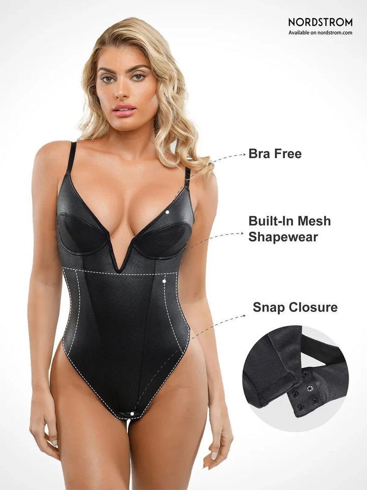 Shapewear Kunstleder Plunge V Sculpting Korsett Bodysuit