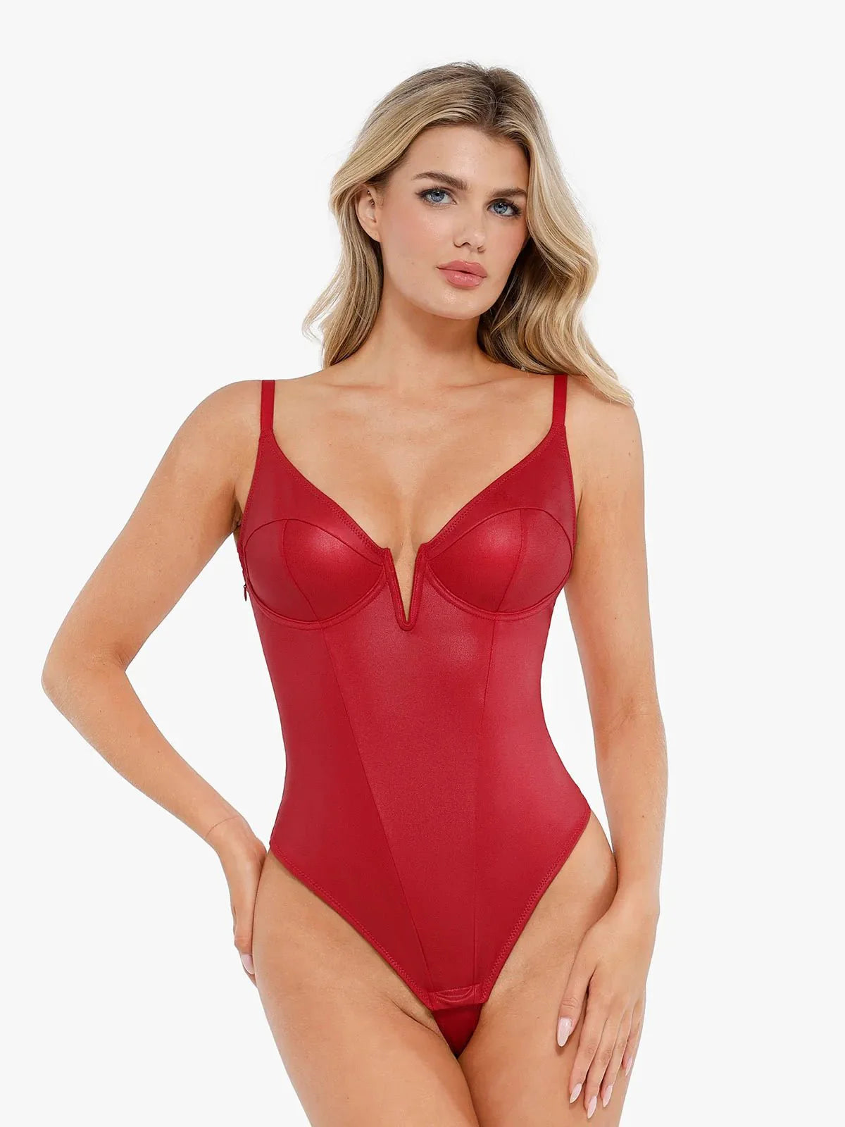 Shapewear Kunstleder Plunge V Sculpting Korsett Bodysuit