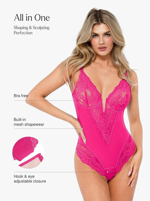 Schlankmachende Spitzen-Body mit tiefem V-Ausschnitt und formender Tanga