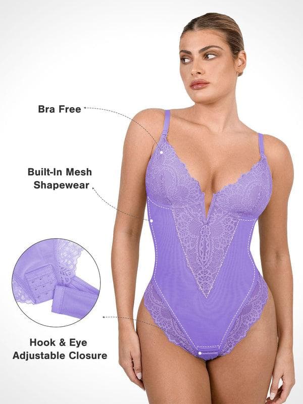 Schlankmachende Spitzen-Body mit tiefem V-Ausschnitt und formender Tanga