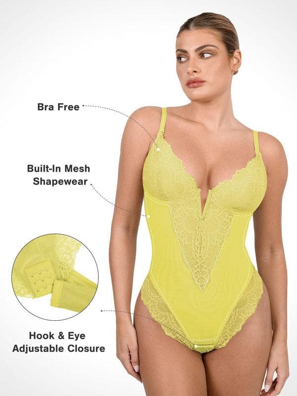 Schlankmachende Spitzen-Body mit tiefem V-Ausschnitt und formender Tanga