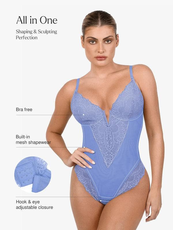 Schlankmachende Spitzen-Body mit tiefem V-Ausschnitt und formender Tanga