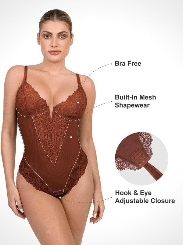 Schlankmachende Spitzen-Body mit tiefem V-Ausschnitt und formender Tanga